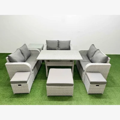 The Range Fimous 9-Seater PE Rattan Outdoor Sofa Set with Rectangular Glass Table Light Grey. - Light Grey
