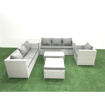 The Range Fimous 8-Seater PE Rattan Garden Sofa Set with Armchairs and Rectangular Table - Light grey mixed rattan and dark grey fabric