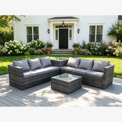 The Range Outdoor Rattan Corner Sofa Set 2 Tables - Dark Grey Mixed