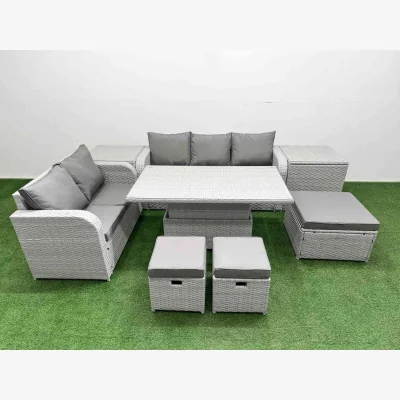 The Range Fimous 8-Seater PE Rattan Garden Sofa Set with Adjustable Lifting Table - Light grey PE rattan with dark grey fabric
