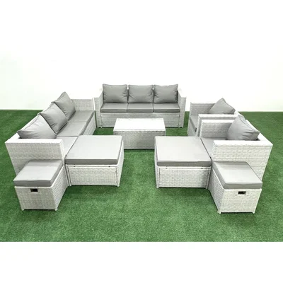 The Range Fimous 9-Piece Rattan Garden Sofa Set with Tempered Glass Table and 4 Footstools Light Grey Mixed - Light Grey Mixed