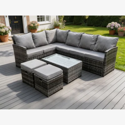 The Range 8 Seater High Back Rattan Corner Sofa Set Outdoor Furniture - Dark Grey Mixed