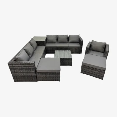 The Range Fimous 9-Seater Dark Grey Rattan Garden Corner Sofa Set with Coffee and Side Table. - Dark Grey