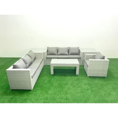 The Range Fimous PE Rattan Wicker Garden Sofa Set with Oblong Coffee Table and 2 Side Tables, Light Grey Mixed - Light Grey Mixed