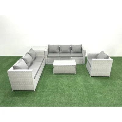 The Range Fimous Wicker PE Rattan 7-Seater Garden Sofa Set with Armchairs and Tempered Glass Tables. - Light Grey Mixed