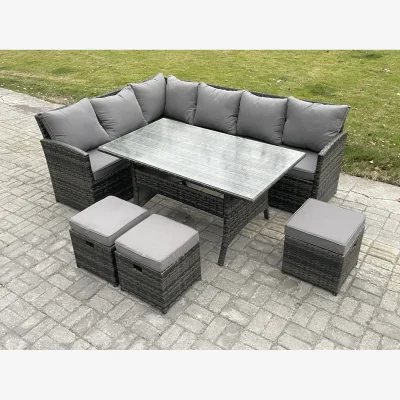 The Range Fimous 9-Seat Outdoor Rattan Corner Sofa Set with Tempered Glass Table, Dark Grey - Dark grey mixed rattan with dark grey fabric