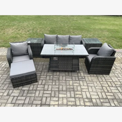 The Range Fimous Wicker Rattan 7-Piece Garden Sofa Set with Glass-Top Gas Fire Pit, Recliners and Side Tables. - Dark Grey