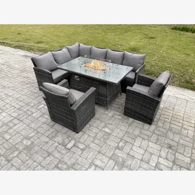 The Range Fimous 8-Seater Rattan Garden Sofa Set with Gas Fire Pit Table and 2 Armchairs. - Dark grey mixed rattan with dark grey fabric
