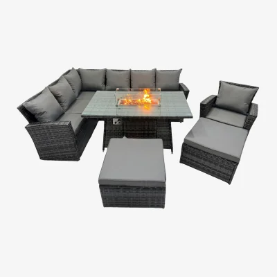 The Range Fimous Poly Rattan Outdoor Corner Sofa Set with Fire Pit Table and 2 Stools, Dark Grey. - Dark Grey Mixed