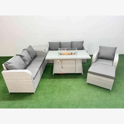 The Range Fimous 8-Seater Rattan Firepit Dining Sofa Set - Light Grey - Light Grey