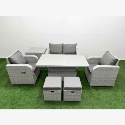 The Range Fimous Light Grey PE Rattan 6-Seater Garden Sofa Set with Reclining Chairs and Lifting Table. - Light grey rattan with dark grey fabric