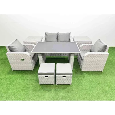 The Range Fimous 6-Seater PE Rattan Outdoor Dining and Lounge Set with Recliners and Tempered Glass Table - Light Grey