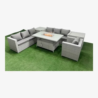 The Range Fimous Light Grey 7-Seat PE Rattan Garden Lounge Set with Fire Pit Table - Light Grey