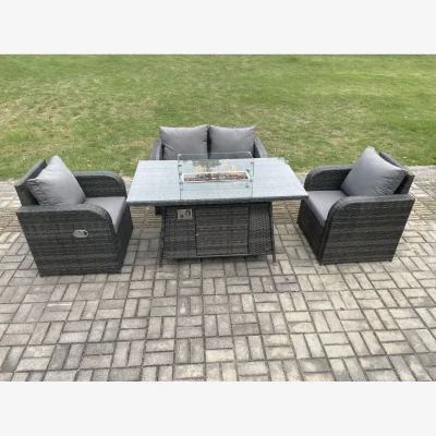The Range Fimous Rattan Outdoor Sofa Set with Gas Fire Pit Table, 2 Reclining Chairs & Love Sofa. - Dark Grey