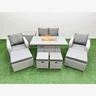 The Range Fimous PE Rattan 8-Seater Outdoor Lounge Sofa Set with Gas Firepit Table, Light Grey. - Light Grey