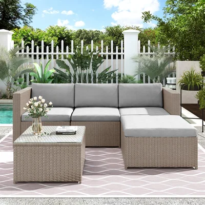 The Range Outdoor Rattan Corner Sofa Set with Glass Top Coffee Table - Khaki