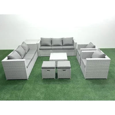 The Range Fimous Outdoor Rattan Sofa Set with 2 Armchairs, Coffee & Side Tables Light Grey - Light grey mixed rattan with dark grey fabric