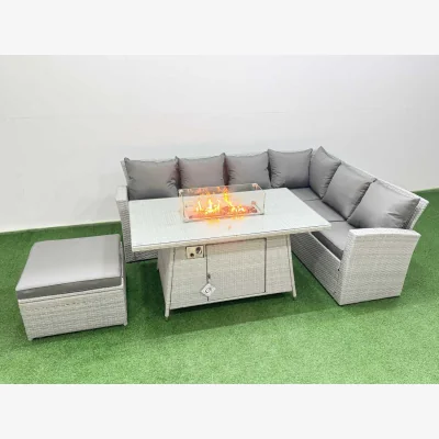 The Range Fimous 7 Seat Rattan Garden Corner Sofa Set with Gas Fire Pit Dining Table and Big Footstool - Light Grey