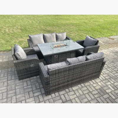 The Range Fimous 8-Seater Rattan Outdoor Sofa Set with Gas Fire Pit Table. - Dark Grey