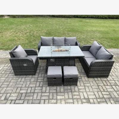 The Range Fimous Wicker Rattan 8-Seater Outdoor Lounge Sofa Set with Fire Pit Table, Dark Grey Mixed. - Dark Grey