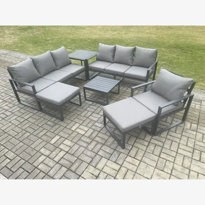 The Range Fimous Aluminium 9-Seat Outdoor Lounge Sofa Set with Square Coffee Table, Side Table and Footstools. - Dark Grey