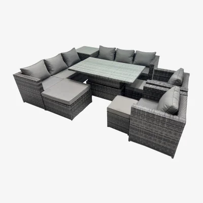 The Range Fimous 11-Seater Outdoor Rattan Corner Sofa Set with Height-Adjustable Rising Table Dark Grey - Dark grey mixed rattan with dark grey fabric