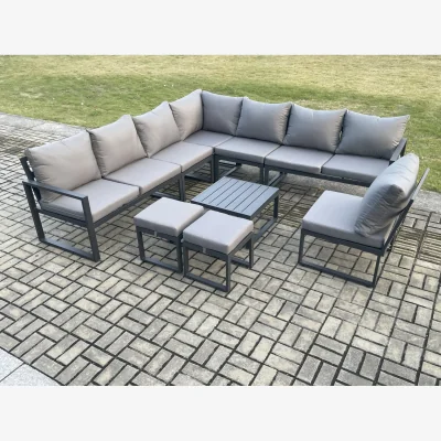 The Range Fimous 10-Seater Aluminium Outdoor Corner Sofa Set with Square Coffee Table & 2 Stools Dark Grey - Dark Grey