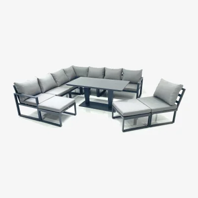 The Range Fimous 10-Seater Outdoor Aluminum Corner Sofa Set with Rising Dining Table, Dark Grey - Dark Grey