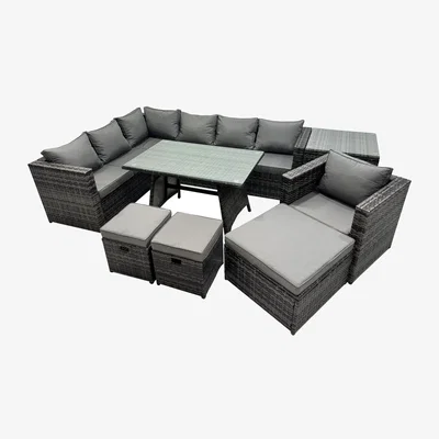 The Range Fimous 10-Seater Outdoor PE Rattan Sofa Set with Dining Table, Dark Grey Mixed. - Light grey rattan + dark grey fabric