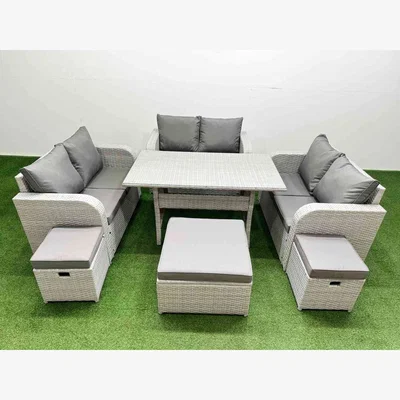 The Range Fimous 9-Seater PE Rattan Garden Sofa Set with Rectangular Tempered Glass Table, Light Grey. - Light grey PE rattan with dark grey fabric