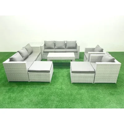 The Range Fimous Outdoor Rattan Garden Sofa Set with 2 Sofas, 2 Armchairs, Oblong Table, Light Grey. - Light Grey Mixed