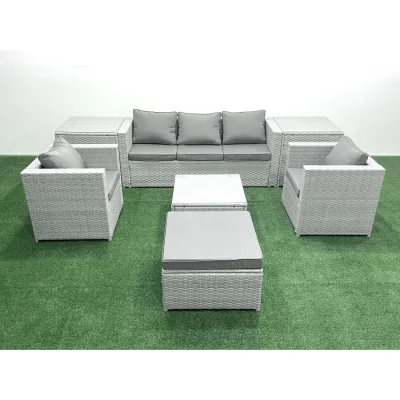 The Range Fimous 6-Seater Rattan Garden Sofa Set, Light Grey - Light grey mixed rattan with dark grey fabric