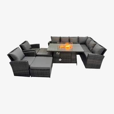 The Range Fimous Outdoor Rattan Corner Sofa Set with Gas Fire Pit Table, Tempered Glass - Dark Grey - Dark Grey Mixed