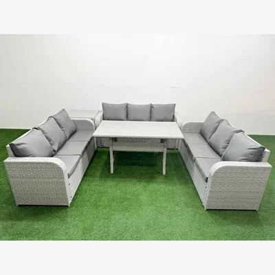The Range Fimous 9-Seater PE Rattan Garden Lounge Set with Dining Table Light Grey - Light grey PE rattan with dark grey fabric