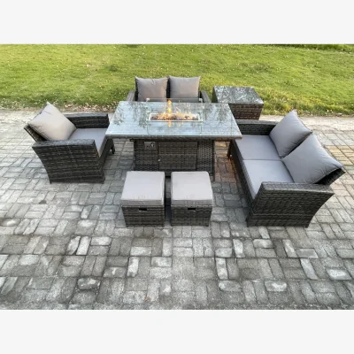 The Range Fimous 7-Seater Rattan Outdoor Sofa Set with Gas Fire Pit Dining Table Dark Mixed Grey - Dark grey mixed rattan with dark grey fabric