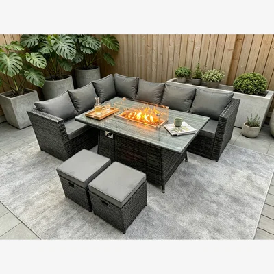 The Range 8 Seater PE Rattan Corner Sofa Set Gas Fire Pit Dining Table Set - Dark Grey Mixed