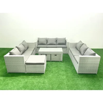 The Range Fimous 12-Seater Light Grey Mixed Rattan Garden Sofa Set with Oblong Glass Table - Light Grey Mixed