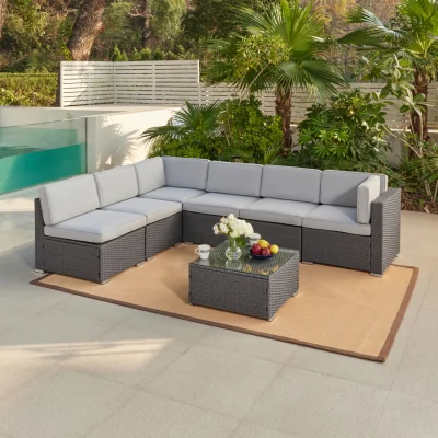 The Range Pisa Grey Modular Rattan Garden Sofa Set with Optional Fire Pit Table - Grey / Sofa, Coffee Table