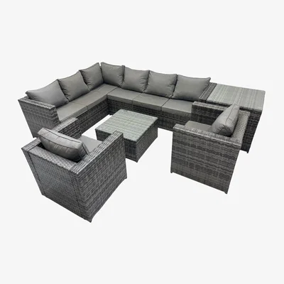 The Range Fimous Dark Grey Mixed Rattan Garden Sofa Set with Square and Side Tables. - Dark Grey Mixed