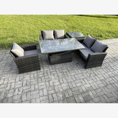 The Range Fimous 5pc Rattan Outdoor Dining and Sofa Set with Height-Adjustable Rising Table, Dark Grey Mixed. - Dark Grey Mixed