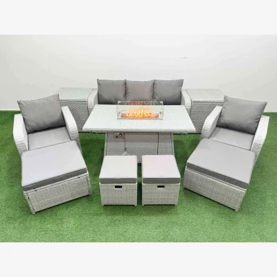 The Range Fimous PE Rattan 9-Seater Outdoor Lounge Set with Gas Firepit Dining Table Light Grey. - Light Grey
