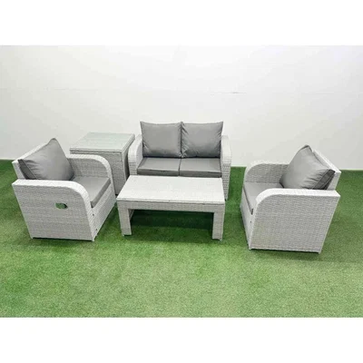 The Range Fimous Light Grey 4-Seater PE Rattan Garden Sofa Set with Reclining Chairs and Tempered Glass Table. - Light Grey