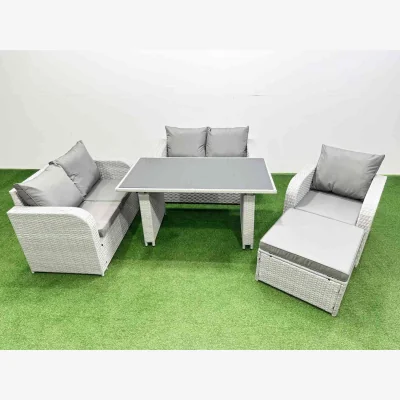 The Range Fimous Outdoor 6-Seater PE Rattan Sofa Set with Dining Table Light Grey - Light grey rattan with dark grey fabric