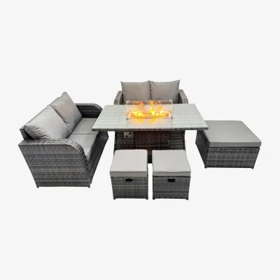 The Range Fimous 7-Seater Rattan Gas Firepit Dining Table and Sofa Set Dark Grey Mixed - Dark Grey Mixed