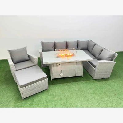 The Range Fimous 8 Seat Rattan Garden Corner Sofa Set with Gas Fire Pit and Big Footstool Light Grey - Light Grey