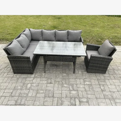 The Range Fimous 7-Seater Outdoor Rattan Corner Sofa Set with Tempered Glass Table - Dark grey mixed rattan with dark grey fabric