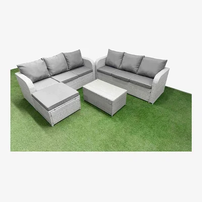 The Range Fimous 7-Seater Outdoor Rattan Sofa Set with Coffee Table & Footstool Light Grey - Light grey PE rattan with dark grey fabric