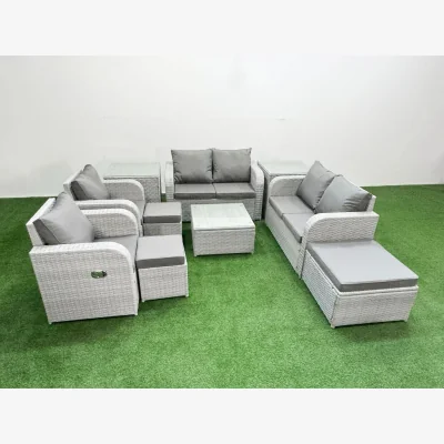 The Range Fimous 9-Seater Outdoor Reclining Rattan Sofa Set with Coffee Table Light Grey - Light grey rattan with dark grey fabric