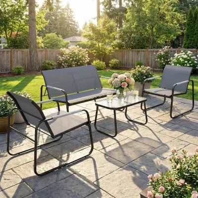 The Range Outsunny Garden Sofa Set with Loveseat, 2 Armchairs, Tempered Glass Table - Grey