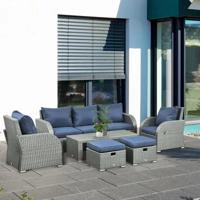 The Range Rattan 7 Seater Sofa, Table and Footstool Set - Blue